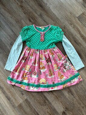 Matilda Jane Girls 8 Gingerbread Village Long Sleeve Dress Christmas Pink